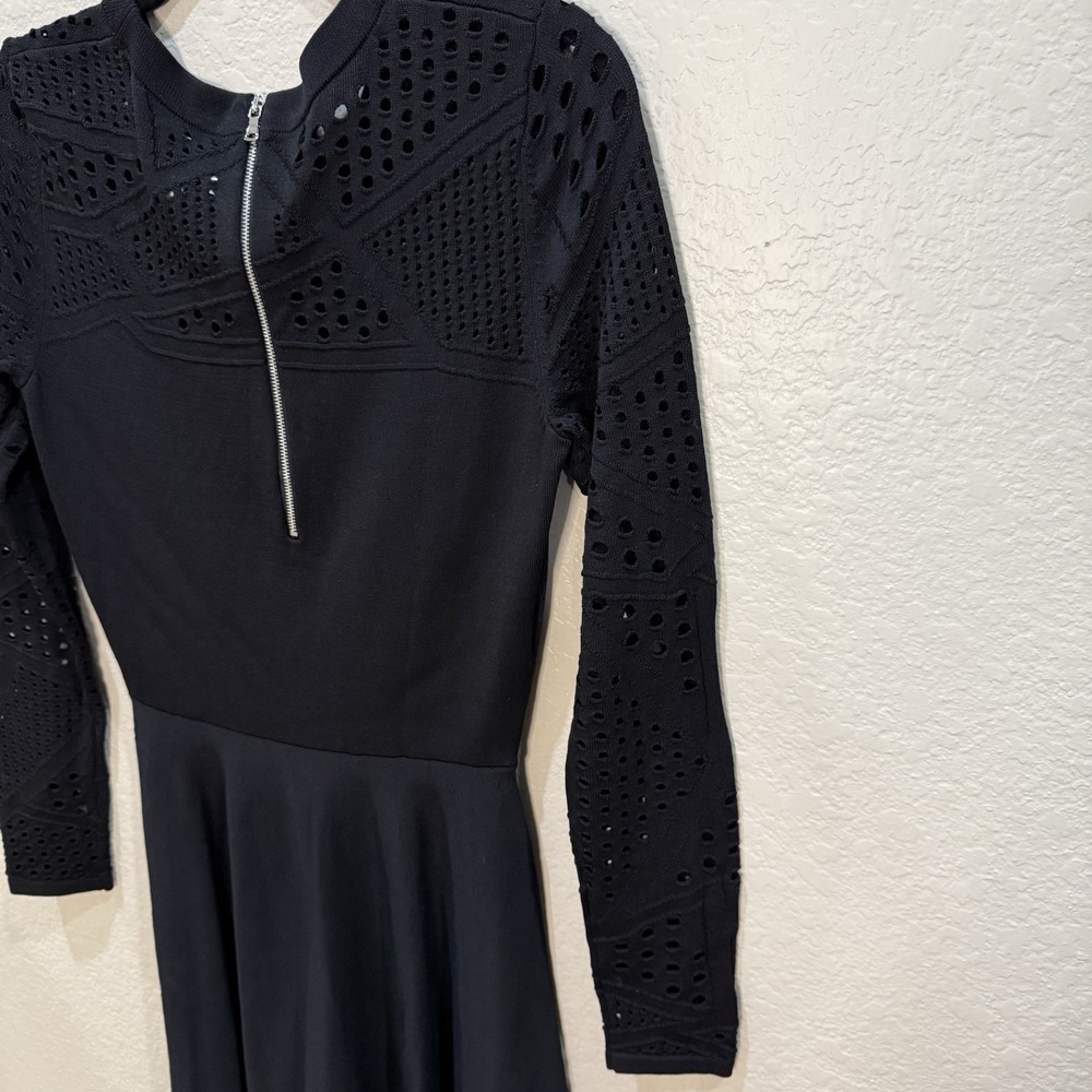 Milly Pointelle Fit & Flare Black Long Sleeve Knit Dress Sz P Romantic Feminine - Picture 7 of 10